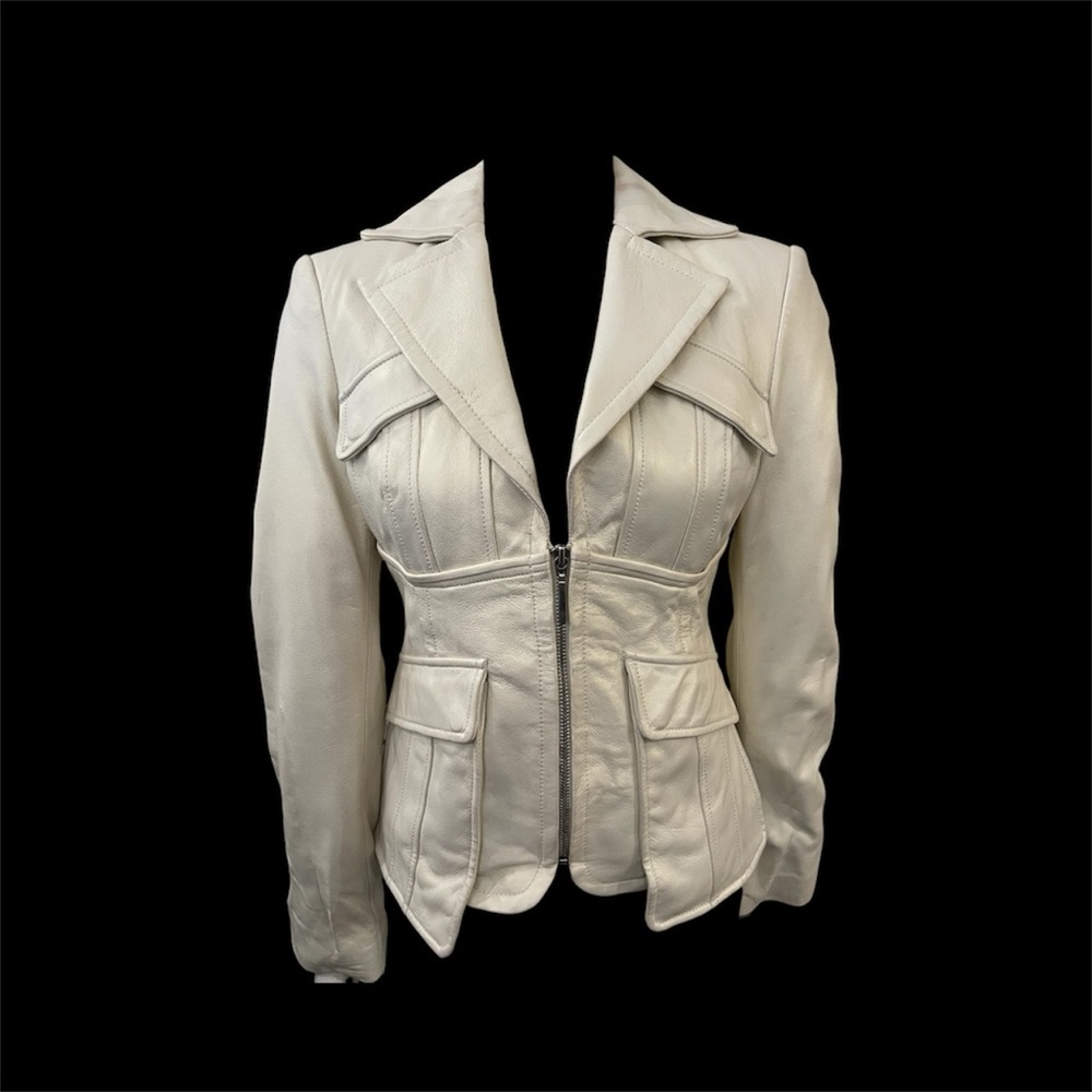 💯 % Leather Jacket -Bebe off white Shiny Leather Jacket (S)